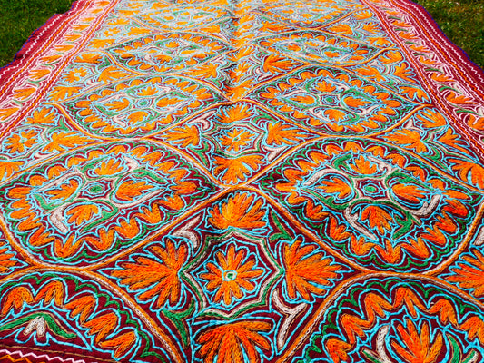 Large wool Namda handmade area rug "Himalayan Jewel" traditional Kashmiri rug, felted wool- hand embroidered 10x7