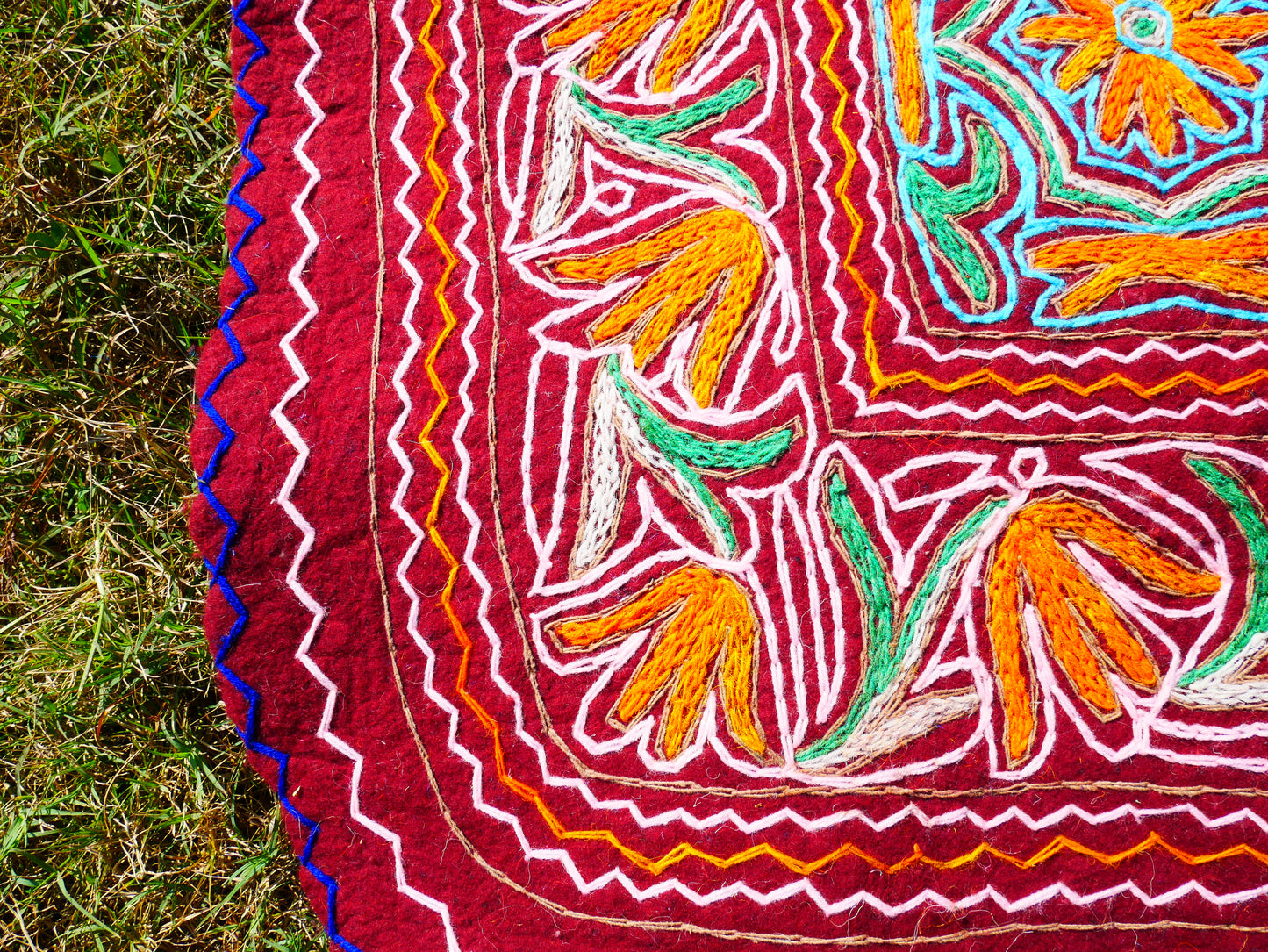 Large wool Namda handmade area rug "Himalayan Jewel" traditional Kashmiri rug, felted wool- hand embroidered 10x7