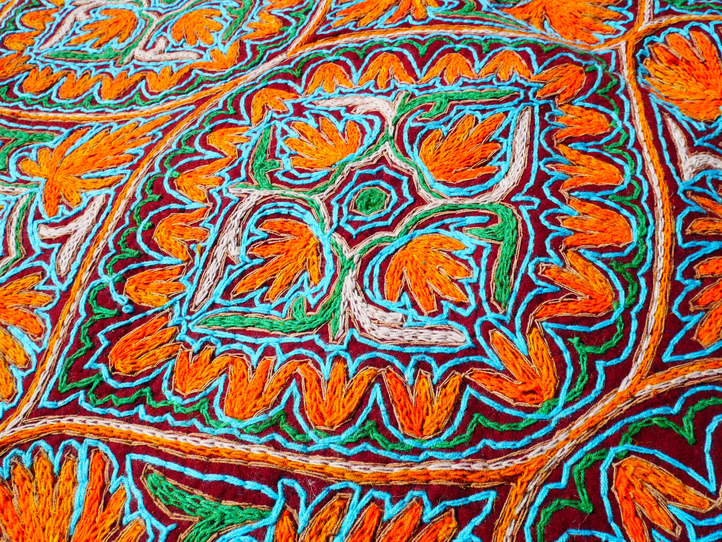 Large wool Namda handmade area rug "Himalayan Jewel" traditional Kashmiri rug, felted wool- hand embroidered 10x7