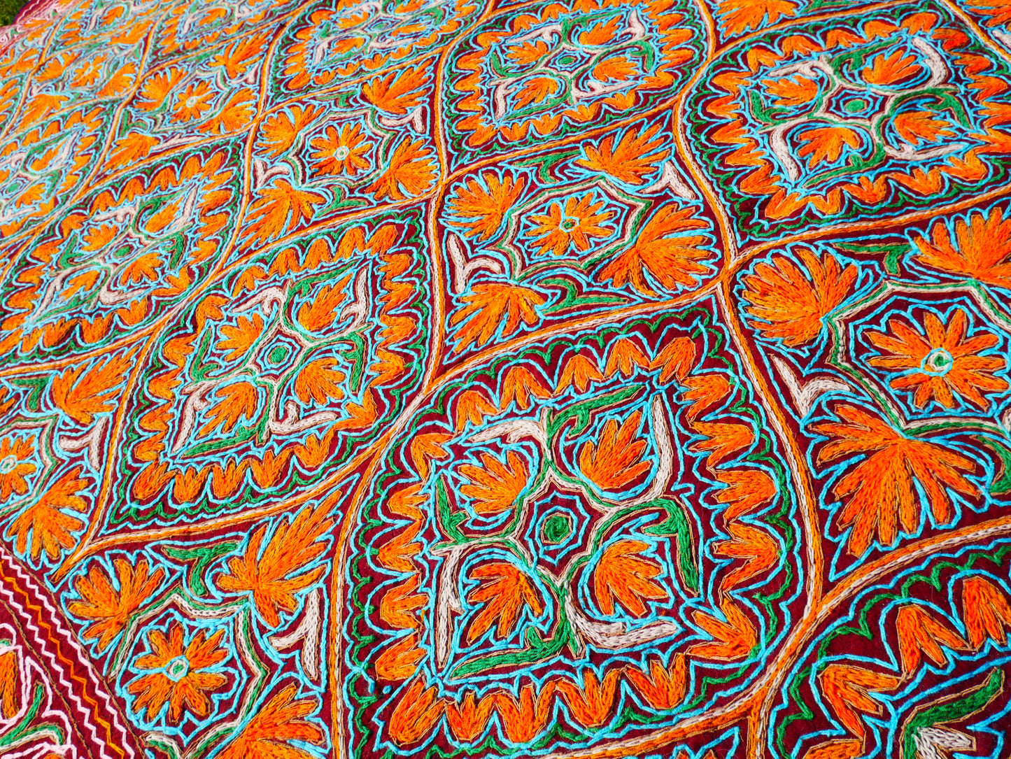 Large wool Namda handmade area rug "Himalayan Jewel" traditional Kashmiri rug, felted wool- hand embroidered 10x7
