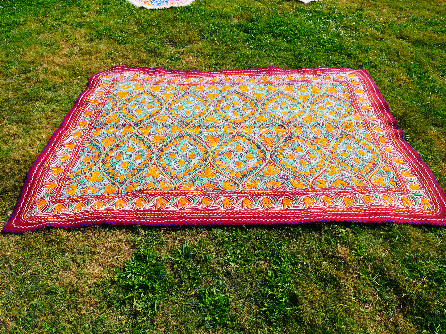 Large wool Namda handmade area rug "Himalayan Jewel" traditional Kashmiri rug, felted wool- hand embroidered 10x7