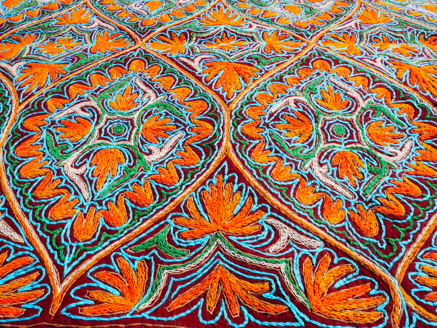 Large wool Namda handmade area rug "Himalayan Jewel" traditional Kashmiri rug, felted wool- hand embroidered 10x7