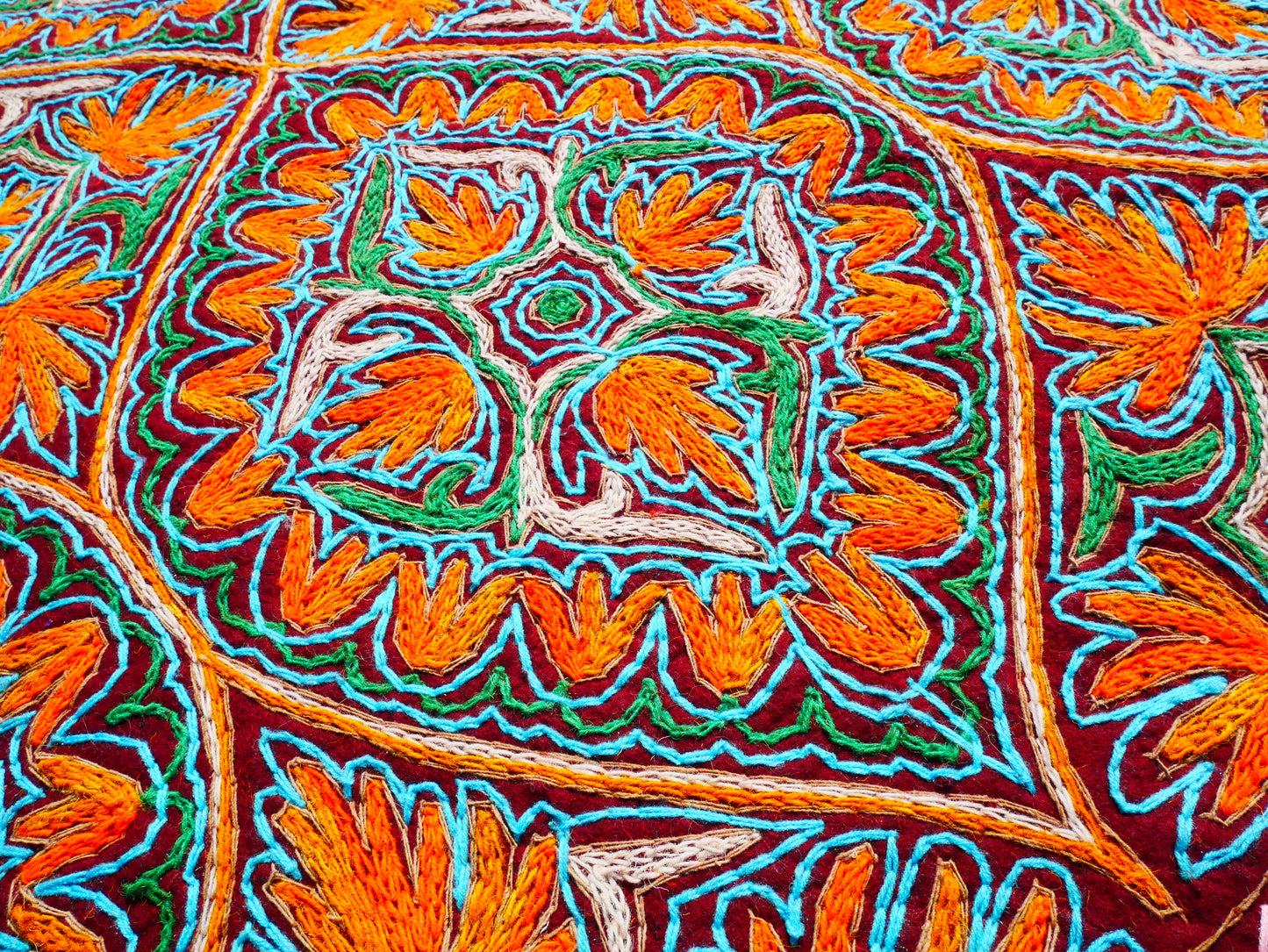 Large wool Namda handmade area rug "Himalayan Jewel" traditional Kashmiri rug, felted wool- hand embroidered 10x7