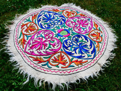 Round Mandala rug | Kashmiri "Namda" felt wool rug, hand embroidered colorful boho accent rug