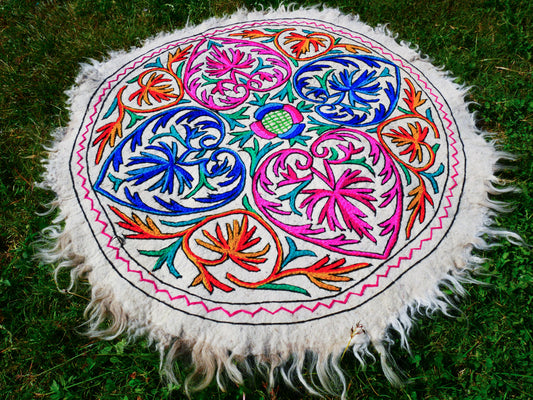 Round Mandala rug | Kashmiri "Namda" felt wool rug, hand embroidered colorful boho accent rug