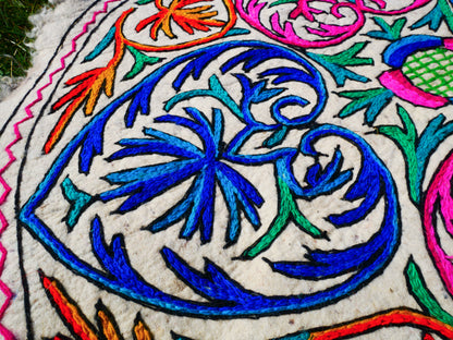 Round Mandala rug | Kashmiri "Namda" felt wool rug, hand embroidered colorful boho accent rug