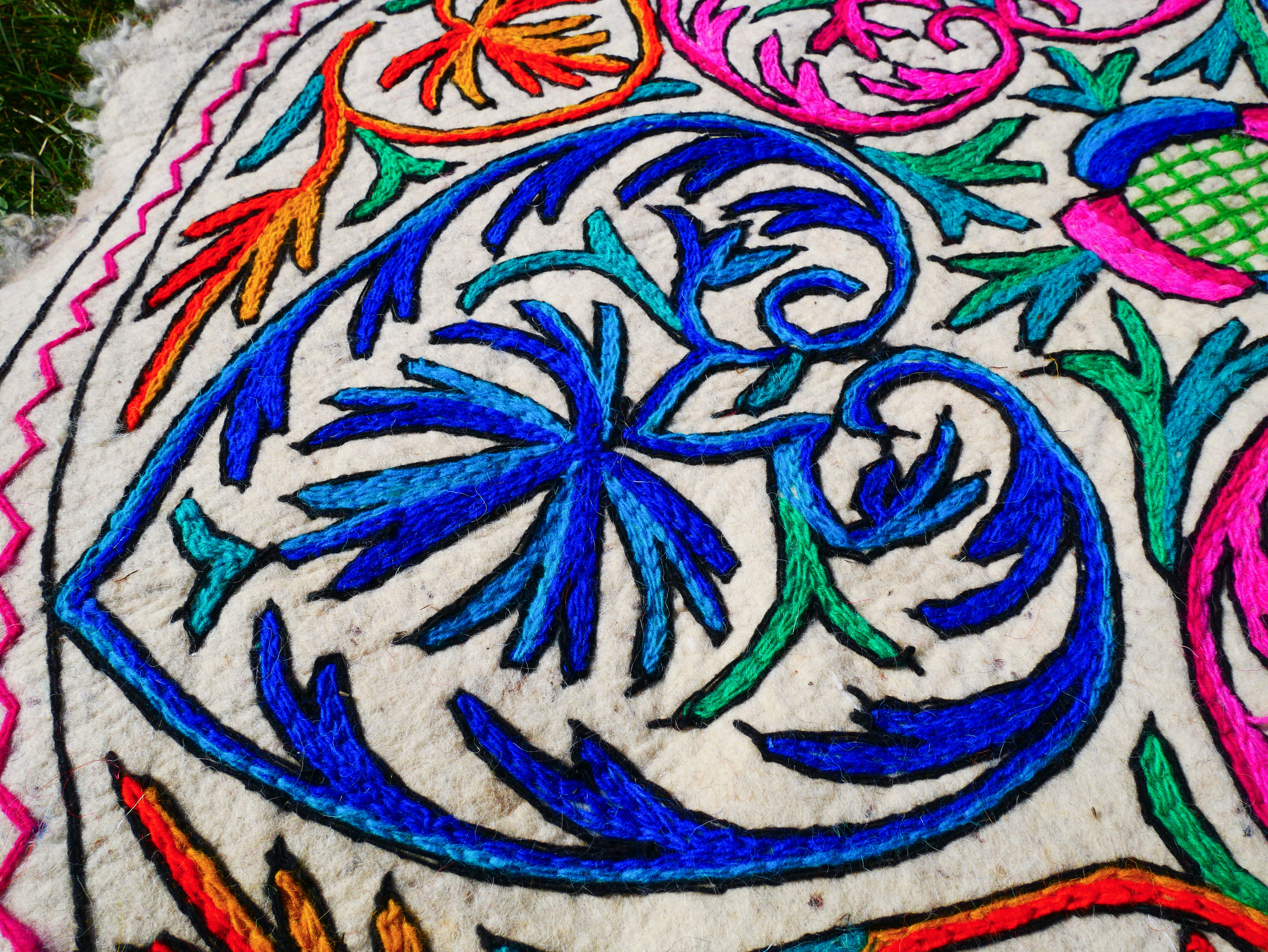 Round Mandala Wool Rug – Hand-Embroidered Kashmiri Namda, Colorful Felt Boho Accent Rug for Living Room or Meditation Space