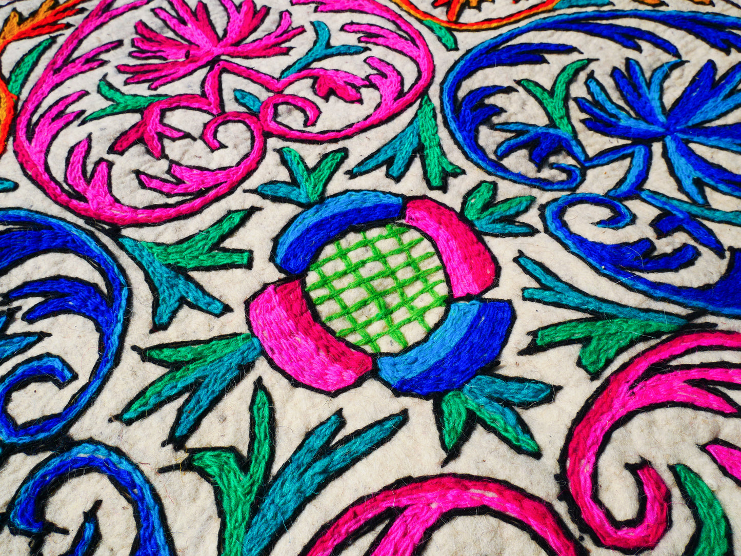 Round Mandala rug | Kashmiri "Namda" felt wool rug, hand embroidered colorful boho accent rug