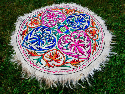 Round Mandala rug | Kashmiri "Namda" felt wool rug, hand embroidered colorful boho accent rug