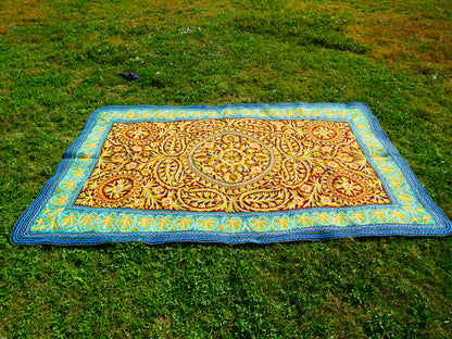 Wool rug Kashmiri "Namda" 6*10 traditional hand felted - floral embroidery | bohemian area rug from the Himalayas