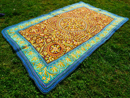 Wool rug Kashmiri "Namda" 6*10 traditional hand felted - floral embroidery | bohemian area rug from the Himalayas