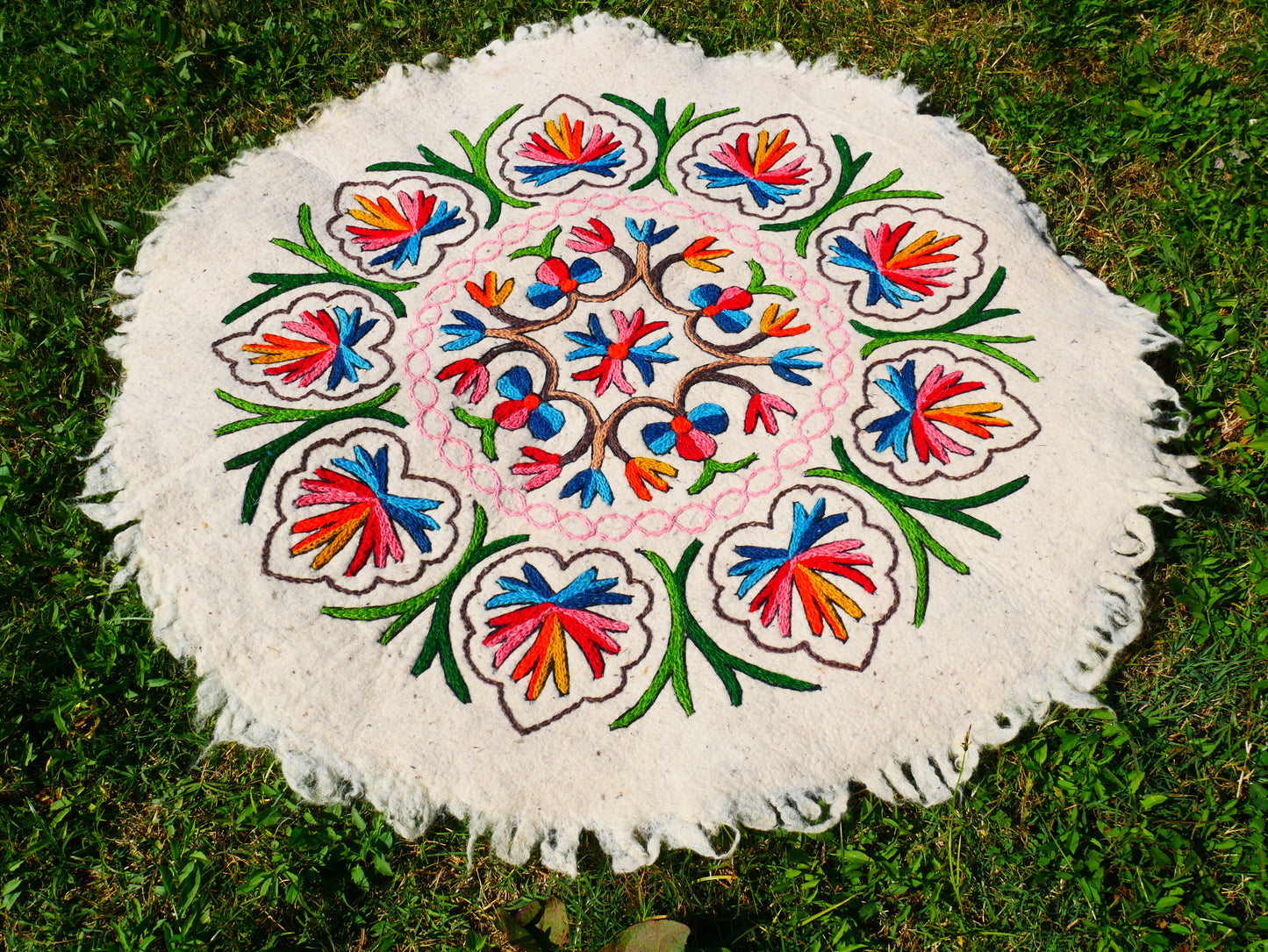 Boho Mandala Rug – Handcrafted Wool Namda from Kashmir, Colorful Embroidery