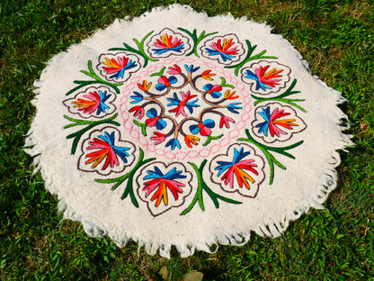 Boho Mandala Rug – Handcrafted Wool Namda from Kashmir, Colorful Embroidery