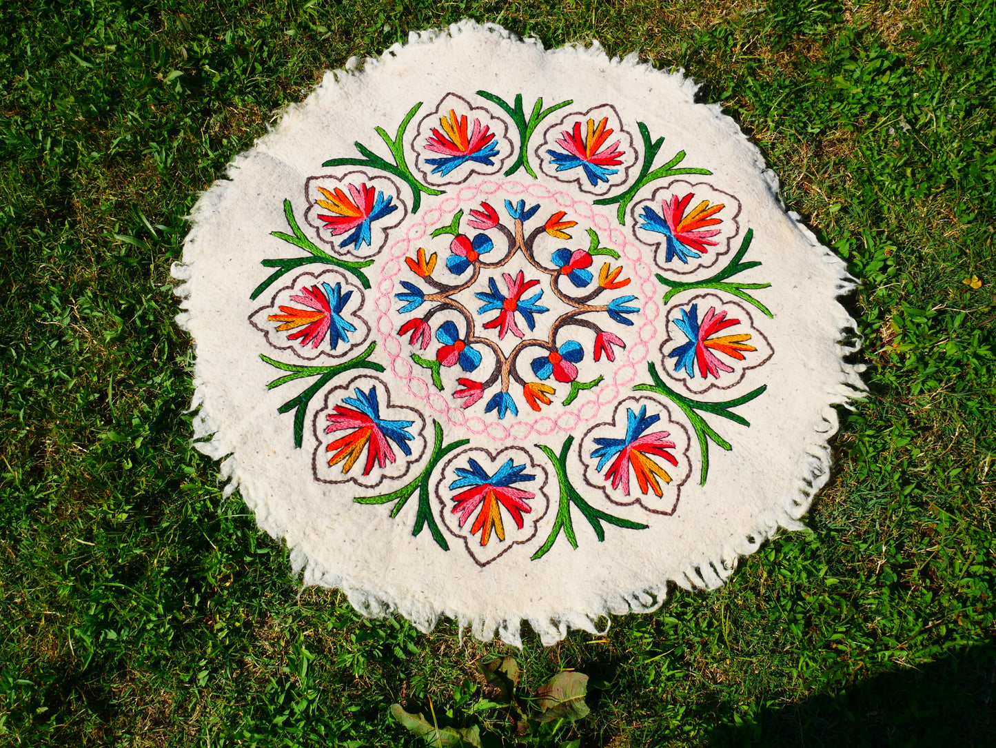 Boho Mandala Rug – Handcrafted Wool Namda from Kashmir, Colorful Embroidery