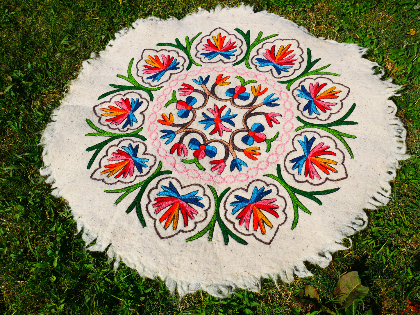 Boho Mandala Rug – Handcrafted Wool Namda from Kashmir, Colorful Embroidery