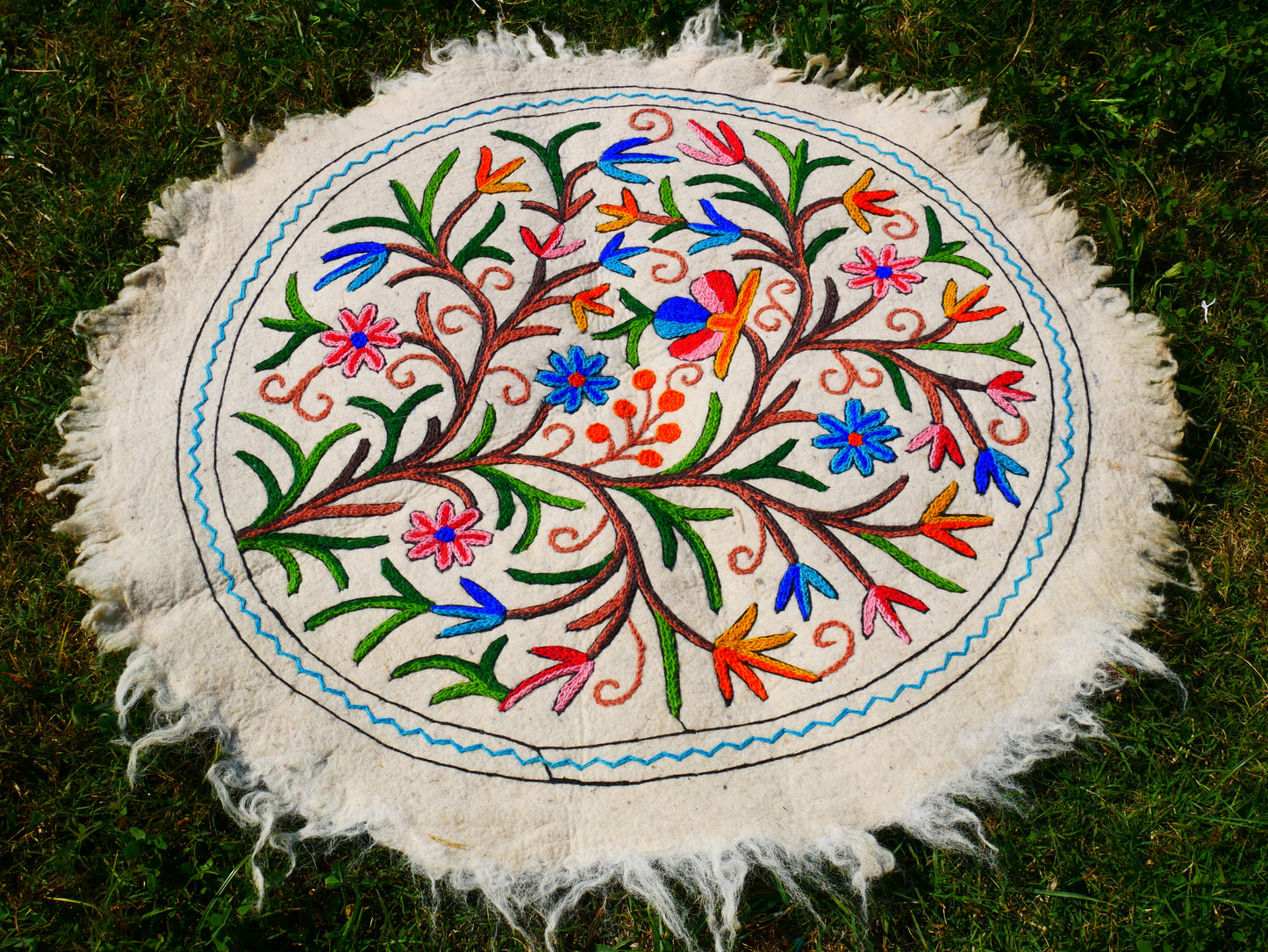 Boho Mandala Rug – Handcrafted Wool Namda from Kashmir, Colorful Embroidered Home Decor
