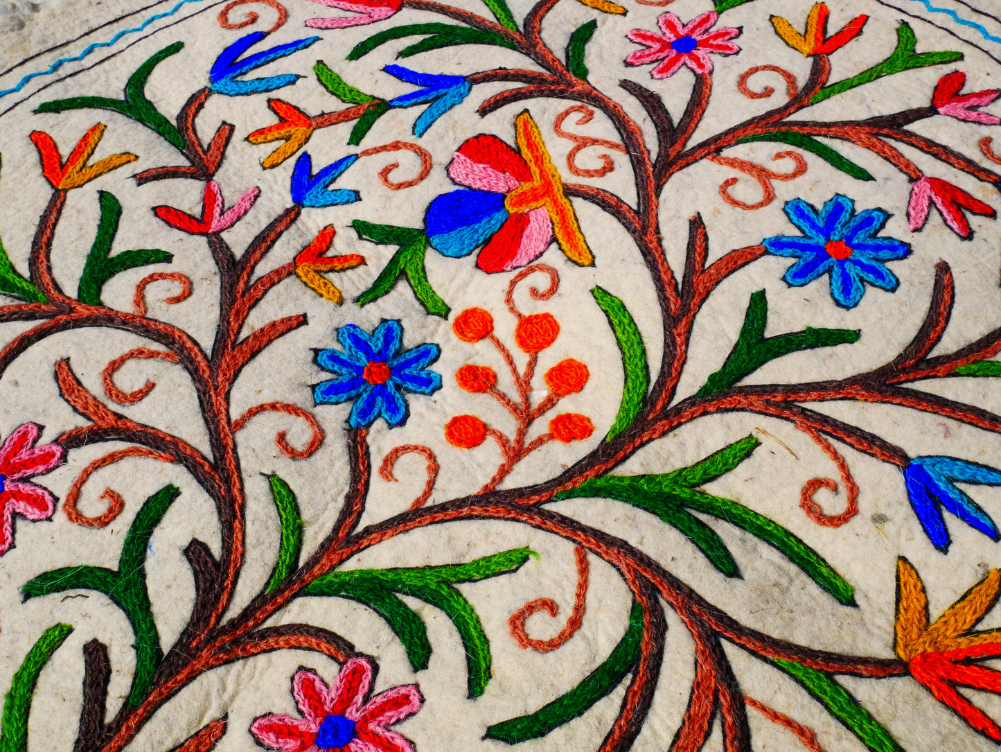 Boho Mandala Rug – Handcrafted Wool Namda from Kashmir, Colorful Embroidered Home Decor