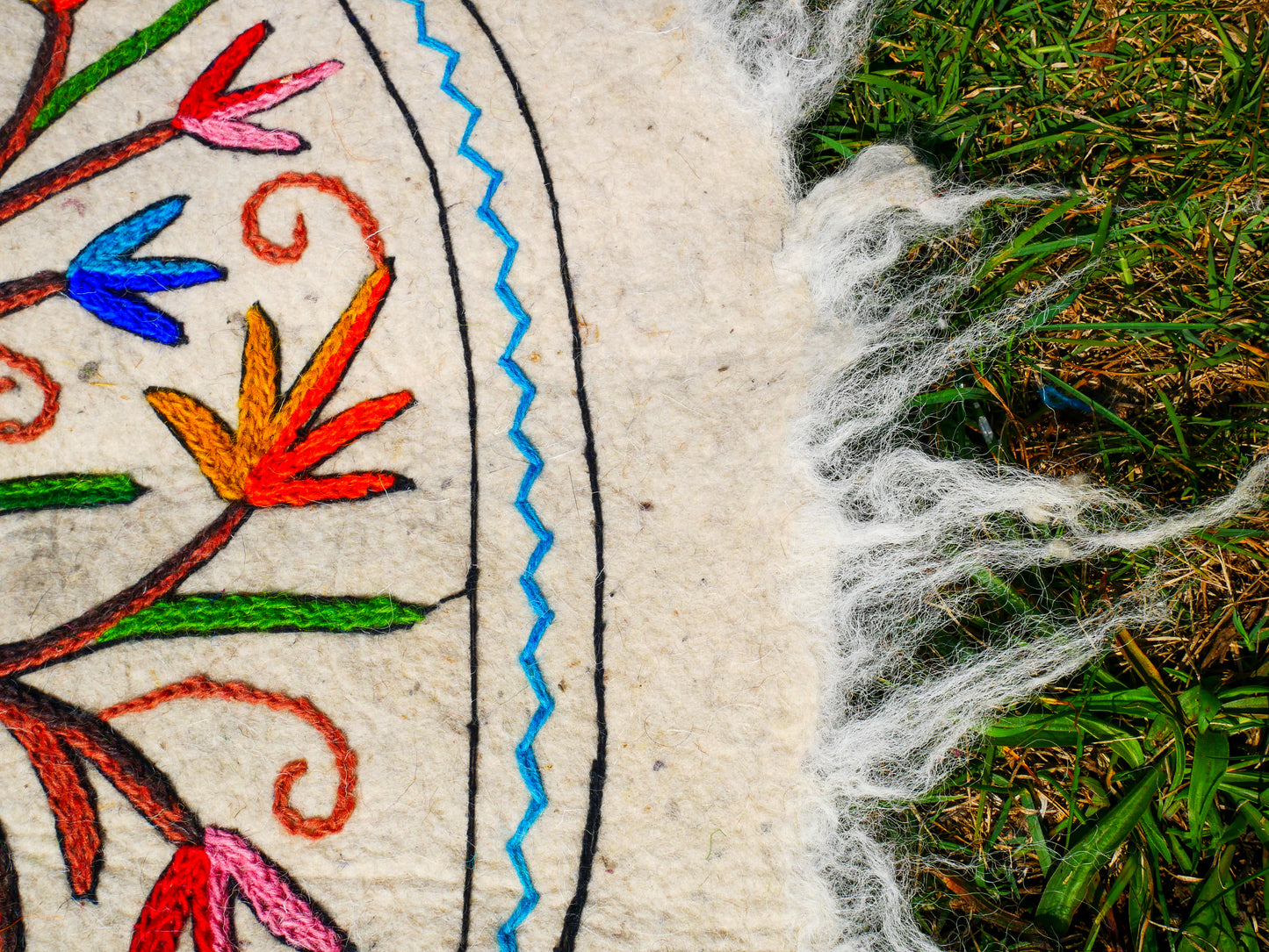 Boho Mandala Rug – Handcrafted Wool Namda from Kashmir, Colorful Embroidered Home Decor