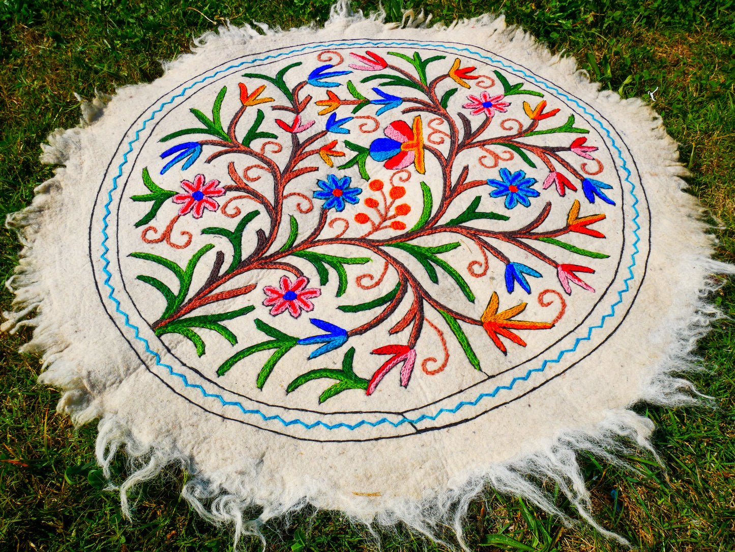 Boho Mandala Rug – Handcrafted Wool Namda from Kashmir, Colorful Embroidered Home Decor