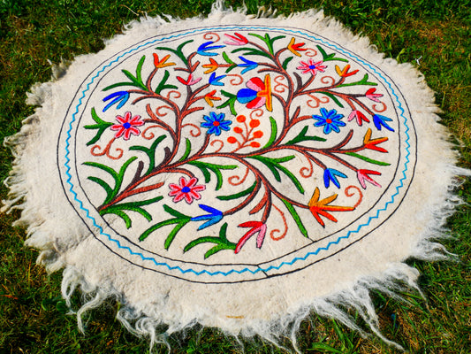 Boho Mandala Rug – Handcrafted Wool Namda from Kashmir, Colorful Embroidered Home Decor