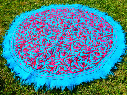 Round Flower Rug Kashmiri Namda hand felted Wool Rug | Floral Embroidery | Boho Kashmiri Area Carpet