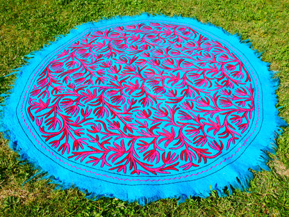 Round Flower Rug Kashmiri Namda hand felted Wool Rug | Floral Embroidery | Boho Kashmiri Area Carpet