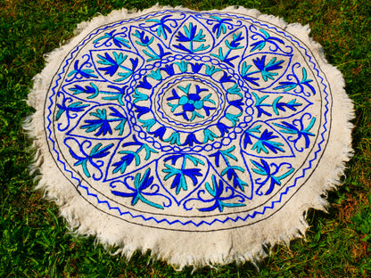 Boho Mandala Rug – Handcrafted Wool Namda from Kashmir, Colorful Embroidery