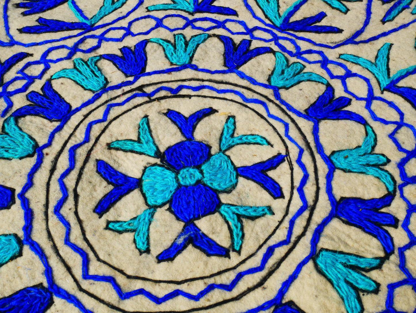 Boho Mandala Rug – Handcrafted Wool Namda from Kashmir, Colorful Embroidery