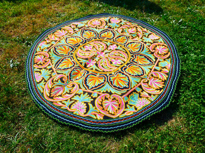 Round Wool Rug 5ft “Charcoal & Pink Mandala” | Hand-Felted Namda | Boho Kashmir Floor Art