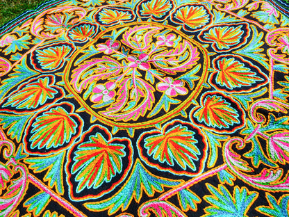 Round Wool Rug 5ft “Charcoal & Pink Mandala” | Hand-Felted Namda | Boho Kashmir Floor Art