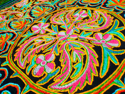 Round Wool Rug 5ft “Charcoal & Pink Mandala” | Hand-Felted Namda | Boho Kashmir Floor Art