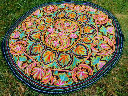 Round Wool Rug 5ft “Charcoal & Pink Mandala” | Hand-Felted Namda | Boho Kashmir Floor Art