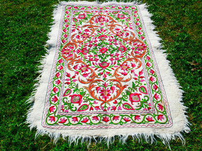 Kashmiri Artisan Rug Hand-Felted Namda From Kashmir | Floral Embroidered Boho Area Carpet