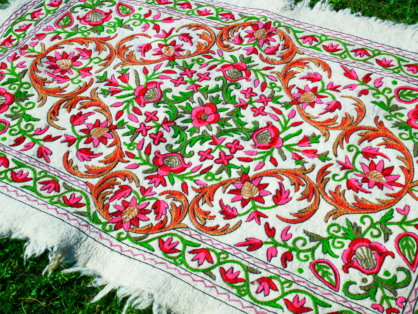 Kashmiri Artisan Rug Hand-Felted Namda From Kashmir | Floral Embroidered Boho Area Carpet