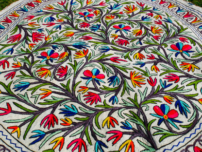 Boho wool rug "Namda" from Kashmir hand felted and embroidered 6ft round