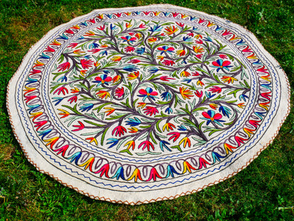 Boho wool rug "Namda" from Kashmir hand felted and embroidered 6ft round