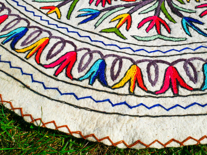 Boho wool rug "Namda" from Kashmir hand felted and embroidered 6ft round
