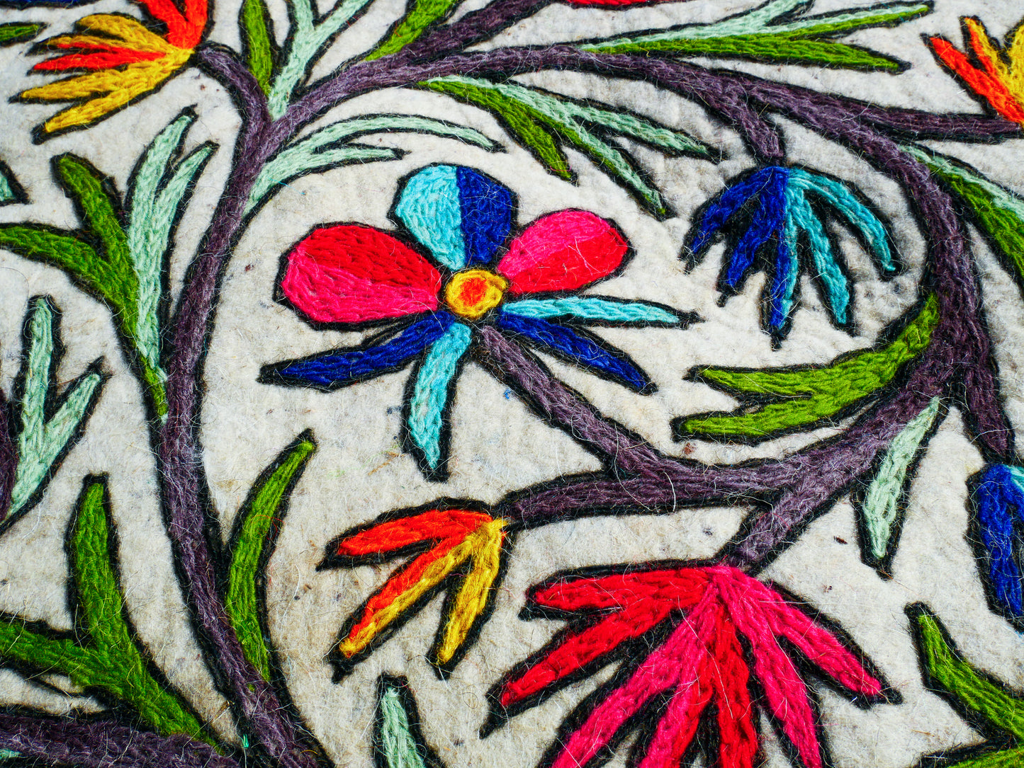 Boho wool rug "Namda" from Kashmir hand felted and embroidered 6ft round