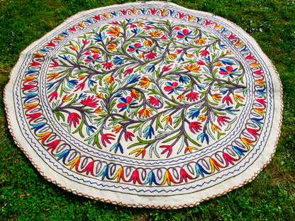 Boho wool rug "Namda" from Kashmir hand felted and embroidered 6ft round