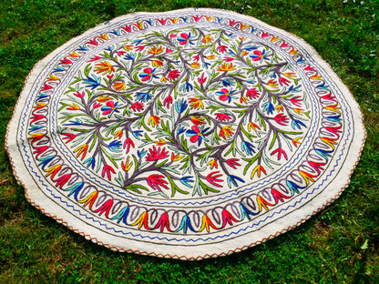 Boho wool rug "Namda" from Kashmir hand felted and embroidered 6ft round