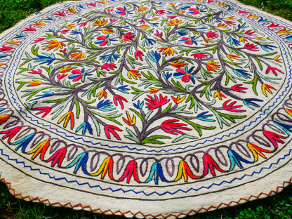 Boho wool rug "Namda" from Kashmir hand felted and embroidered 6ft round