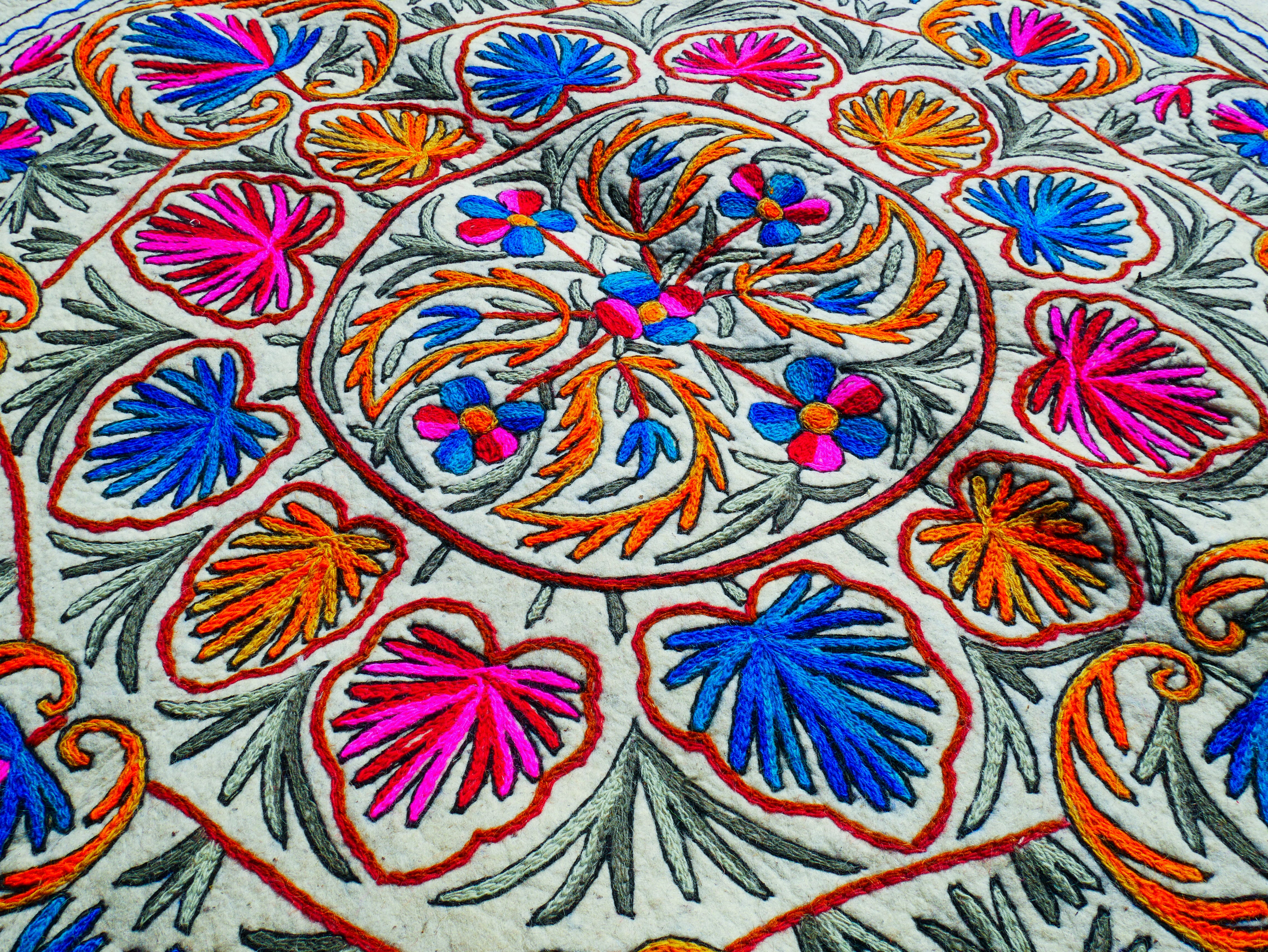 Round rug 6 ft boho wool rug "Namda" from Kashmir hand felted and embroidered