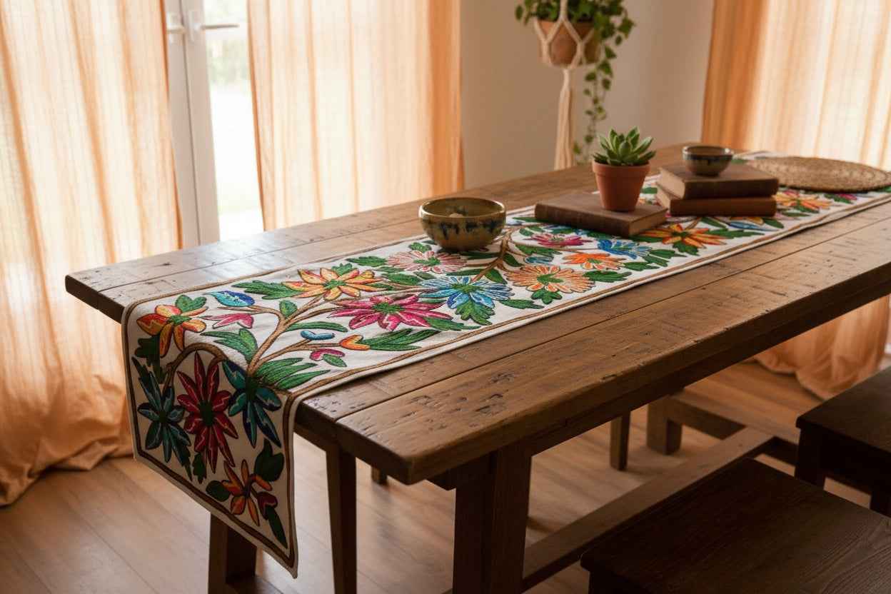 Kashmiri Crewel Embroidered Table Runner – Handmade Floral Table Decor with Traditional Crewel Embroidery