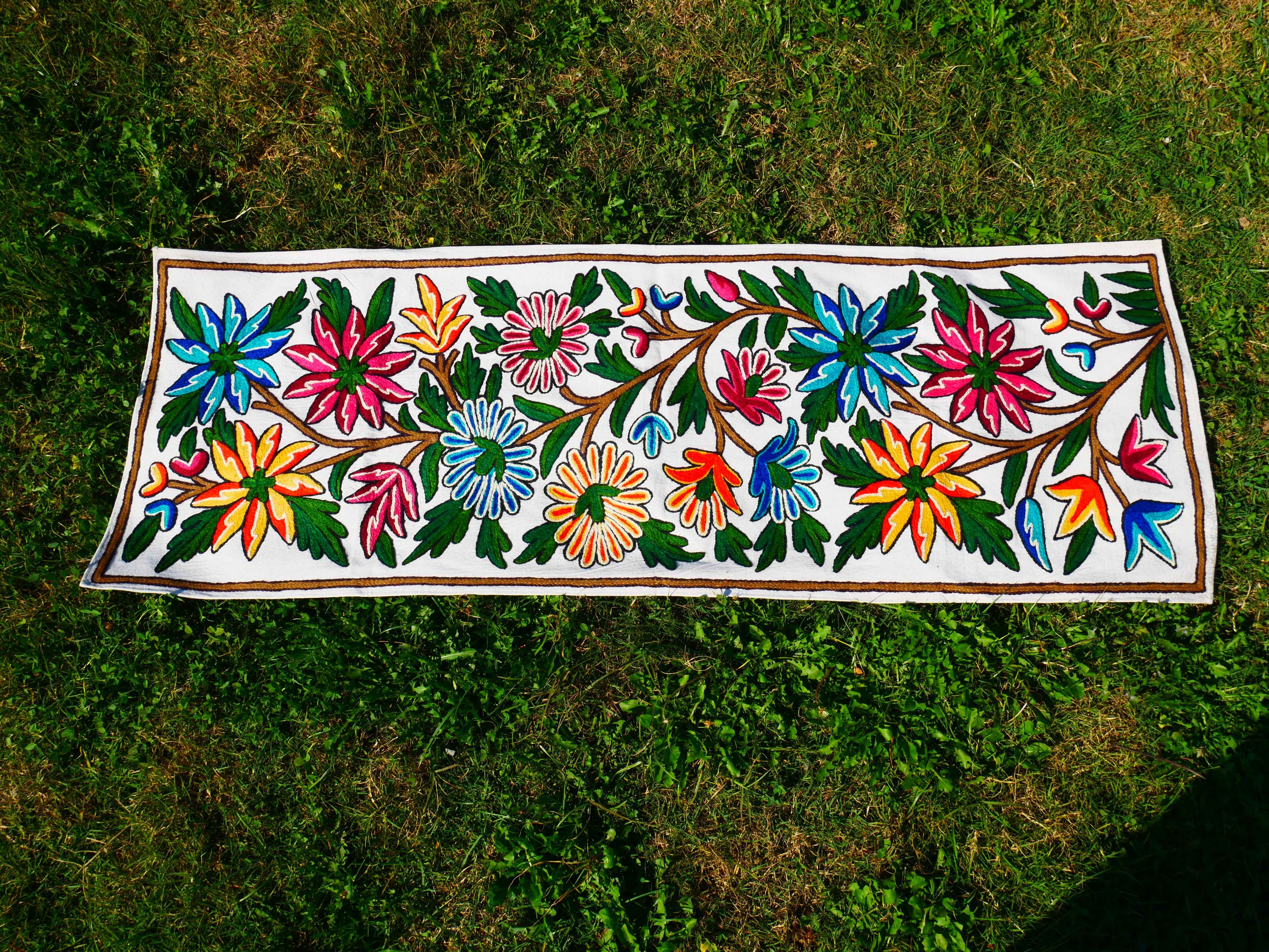 Kashmiri Crewel Embroidered Table Runner – Handmade Floral Table Decor with Traditional Crewel Embroidery