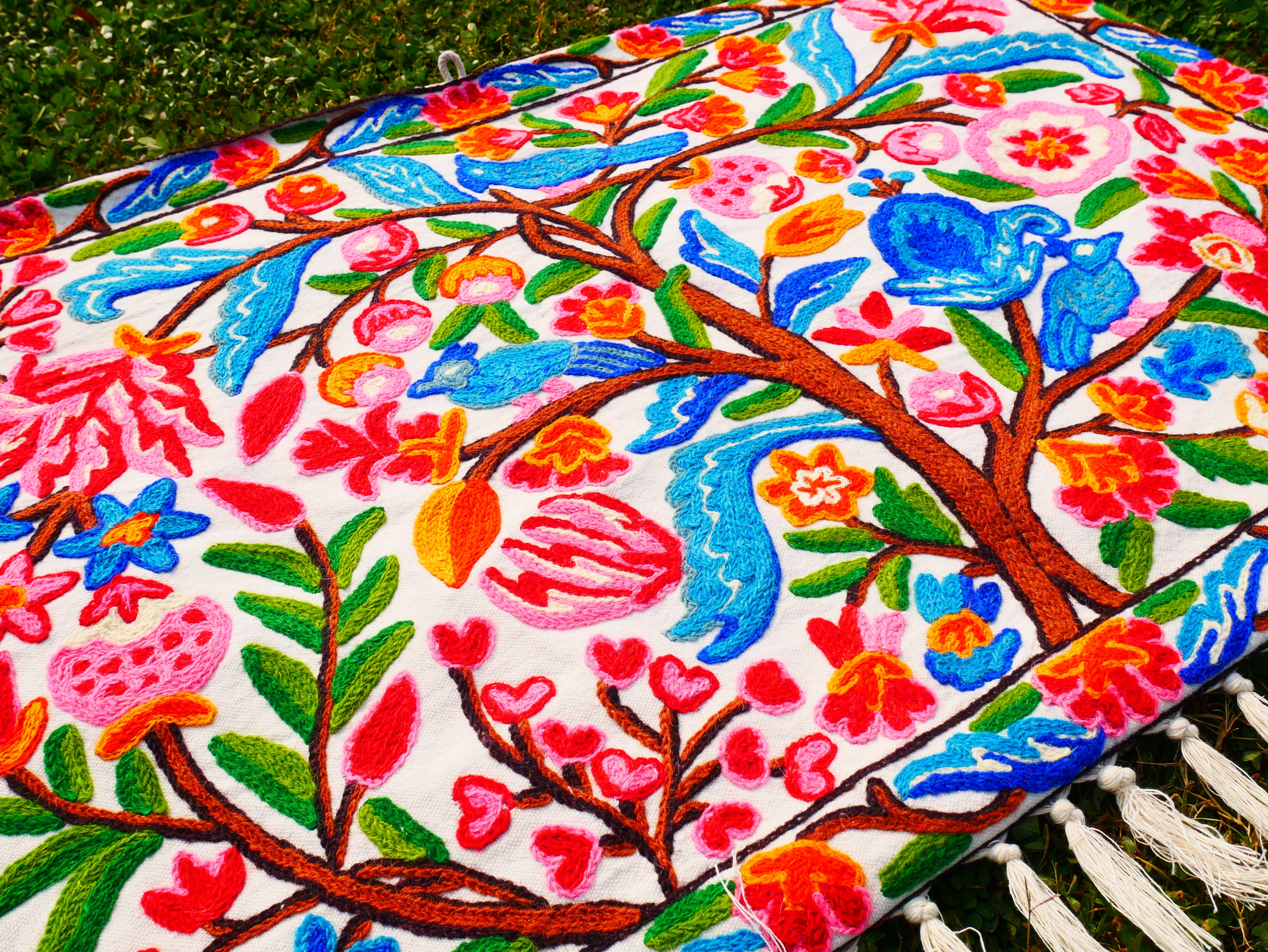 Kashmiri Embroidered Wall Hanging — Floral Tree & Birds, Wool on Cotton