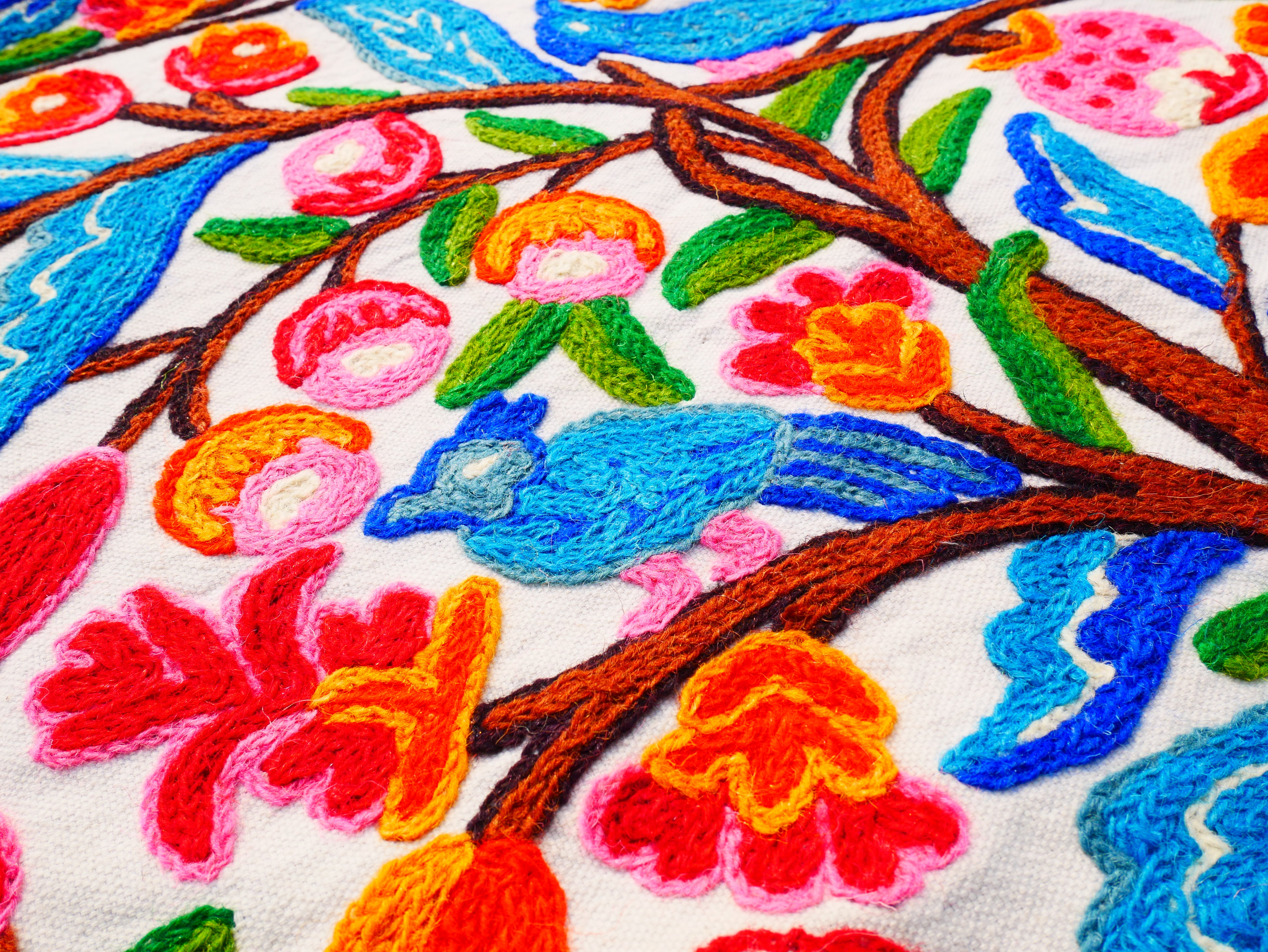 Kashmiri Embroidered Wall Hanging — Floral Tree & Birds, Wool on Cotton