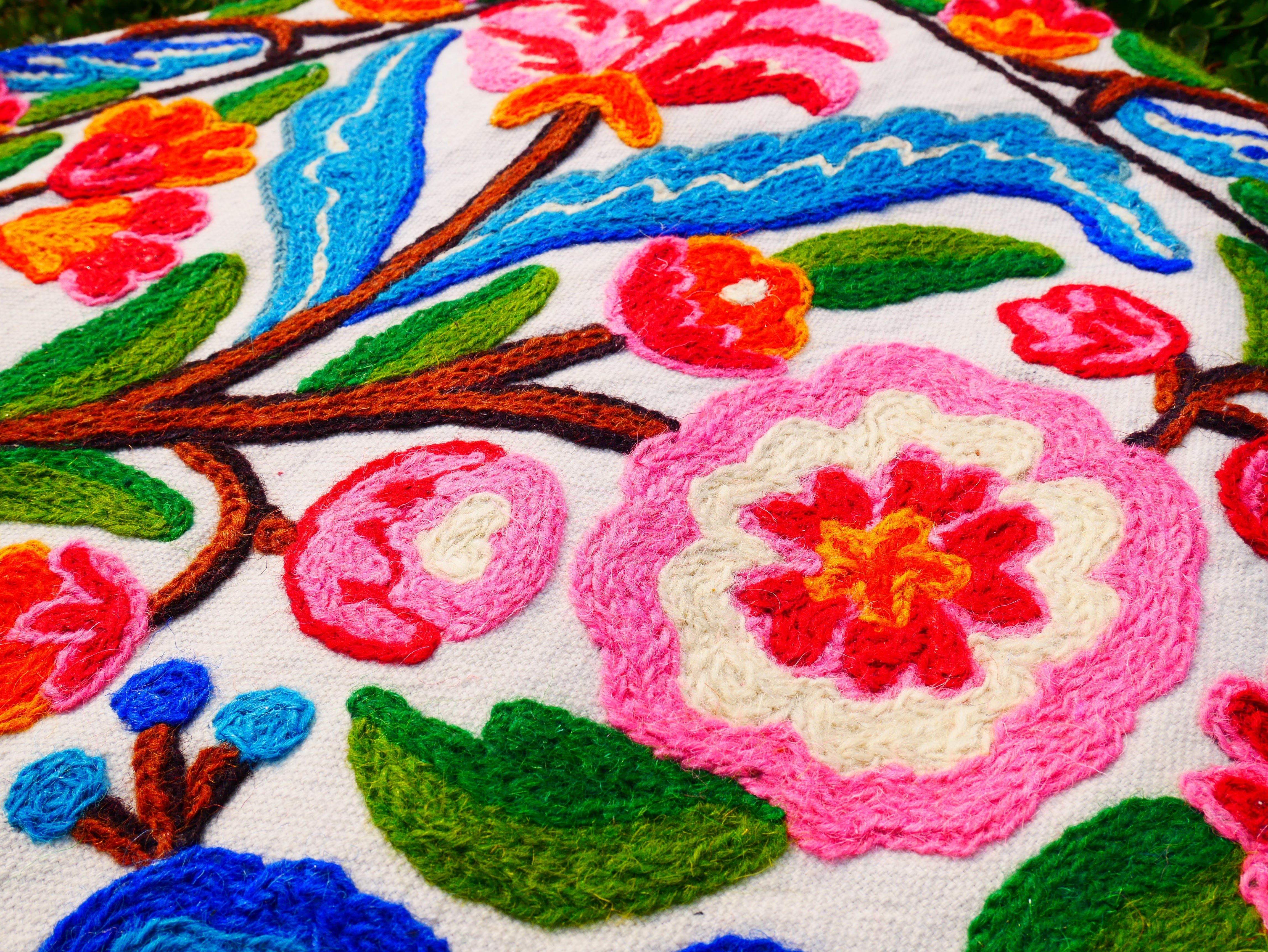 Kashmiri Embroidered Wall Hanging — Floral Tree & Birds, Wool on Cotton