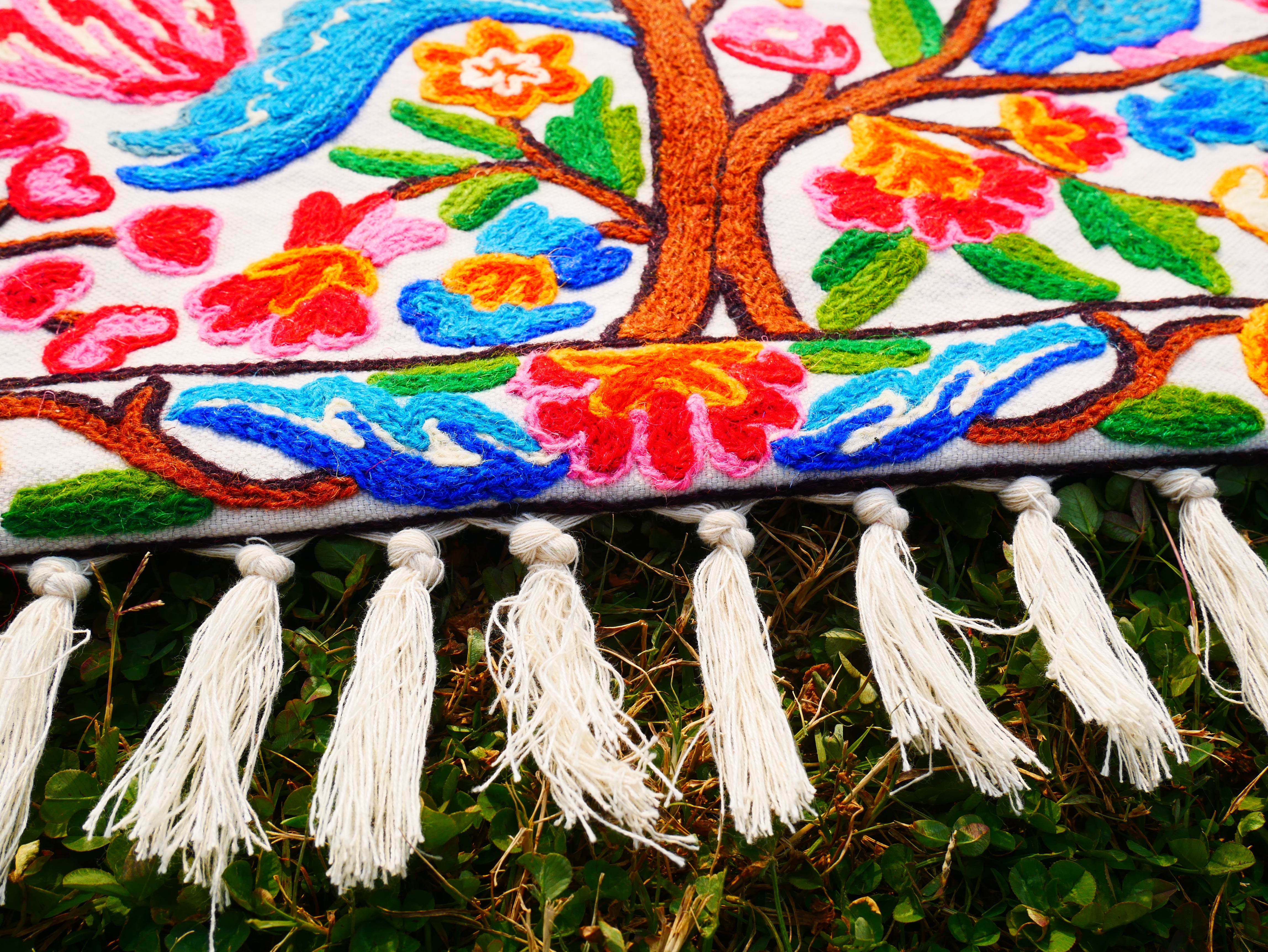 Kashmiri Embroidered Wall Hanging — Floral Tree & Birds, Wool on Cotton
