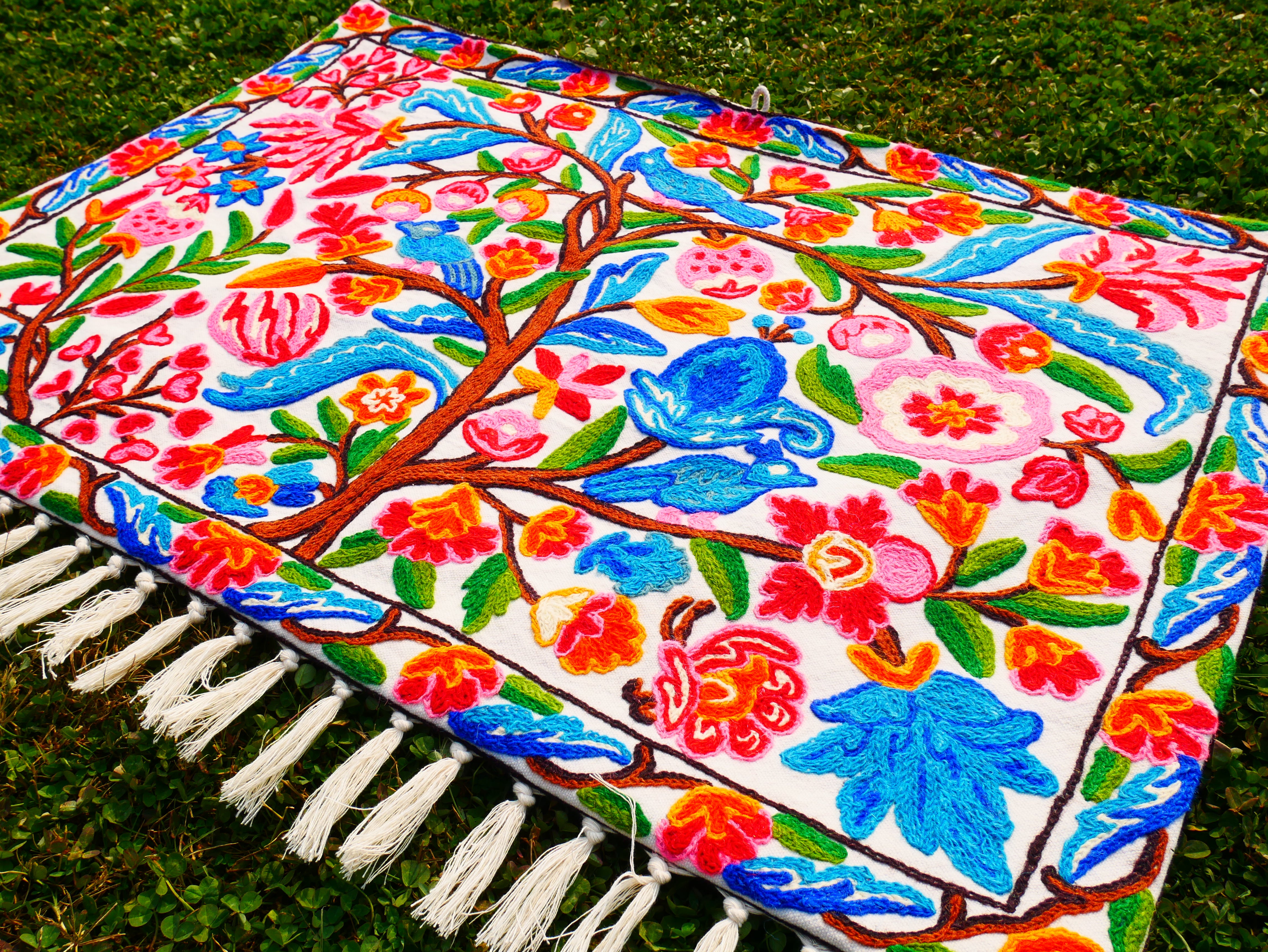 Kashmiri Embroidered Wall Hanging — Floral Tree & Birds, Wool on Cotton
