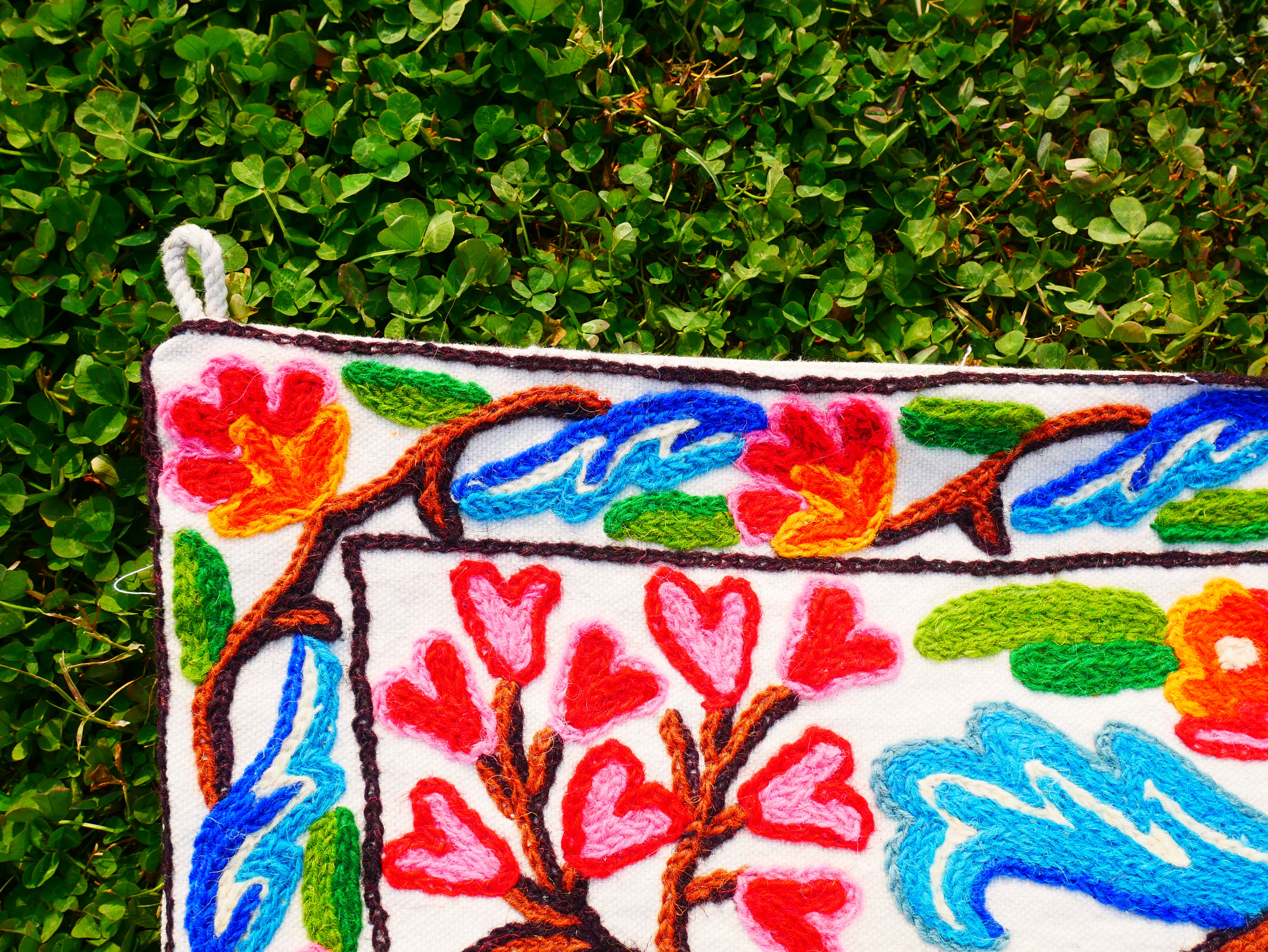 Kashmiri Embroidered Wall Hanging — Floral Tree & Birds, Wool on Cotton